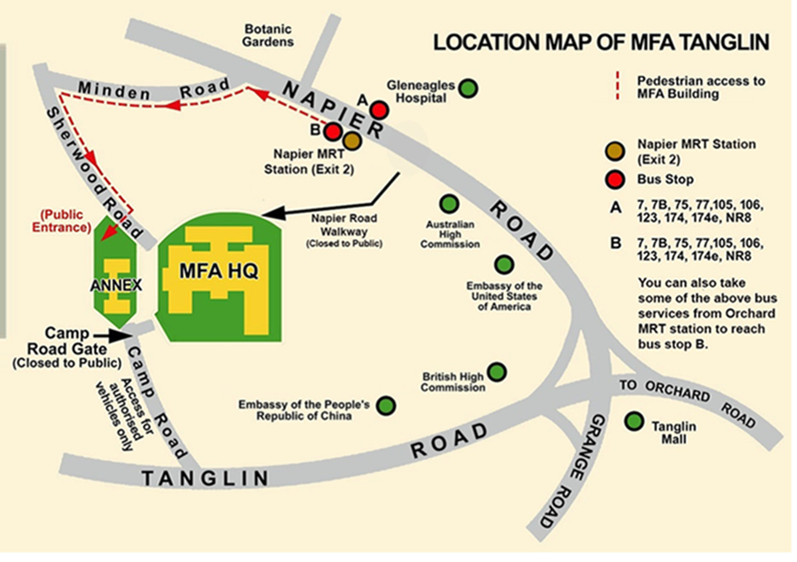 Map of MFA Tanglin showing roads, embassies, bus stops, and Napier MRT station.